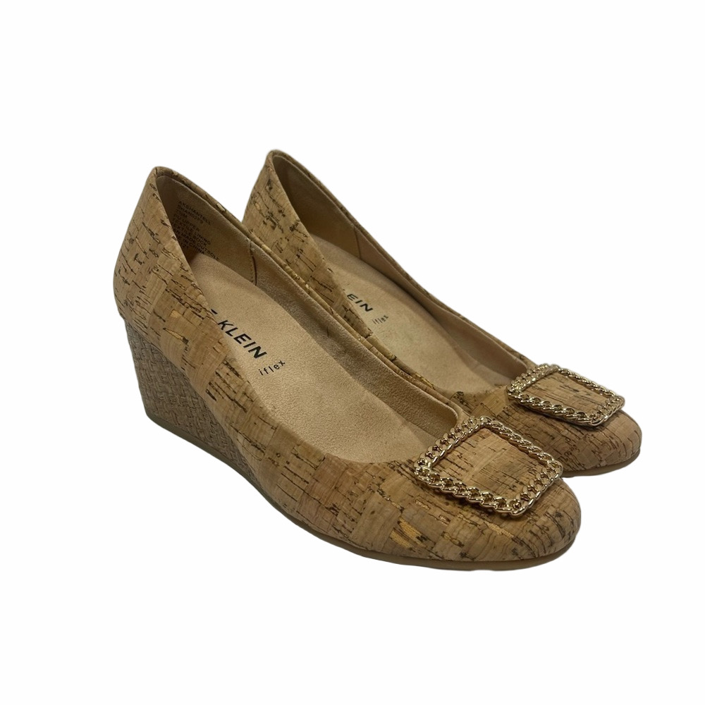 Anne Klein | Shantell iFlex Cork Wedges Gold Chain Heels Tan Women’s Size 7.5